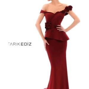 Tarik Ediz Size US 10 Burgundy Beaded Flowers Pary Cocktail Dress #C3